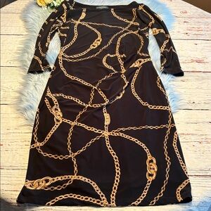 Lauren Ralph Lauren Chain Link Jersey Stretch Black Gold Dress sz 6